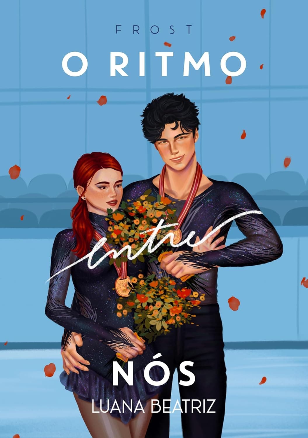 Capa de FROST: O Ritmo Entre Nós, romance de Luana Beatriz — ilustração de Julie e Ethan no gelo